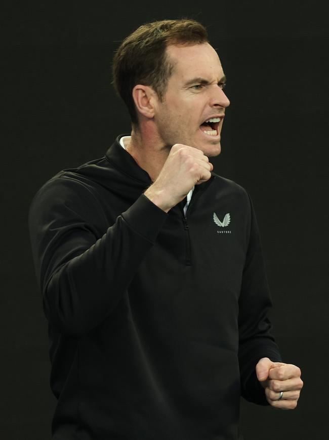 Murray fires up during Djokovic’s first-round victory.