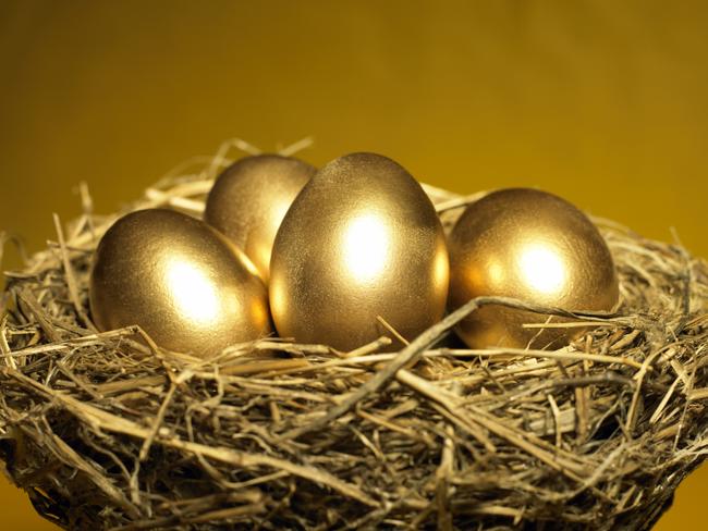 Golden eggs in nest. Superannuation, money.