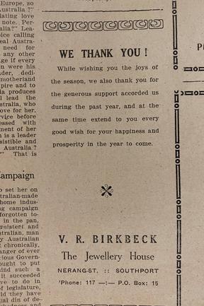 Birkbeck Jeweller. Gold Coast Bulletin advertising, 1930,