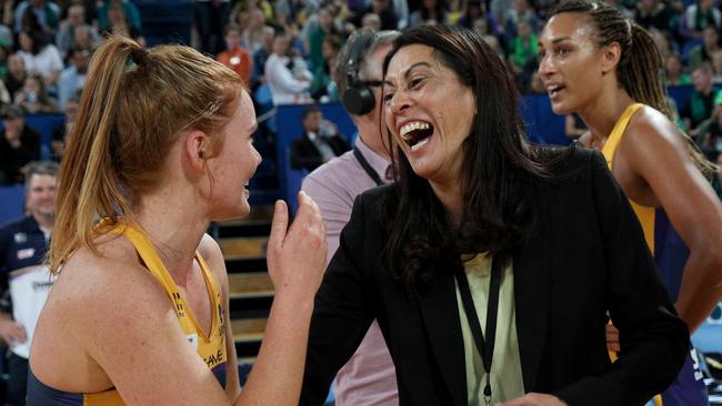 Lightning head coach Noeline Taurua celebrates with Stephanie Wood after their win against West Coast Fever. Picture: AAP