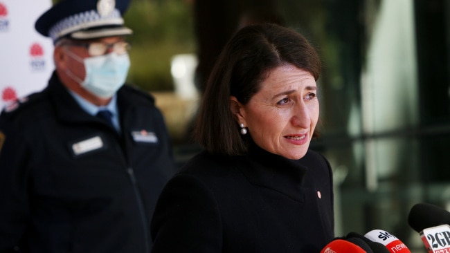Premier Gladys Berejiklian is seen at her daily COVID update on Wednesday, where she announced lockdown would be extended for another week. Photo: Lisa Maree Williams/Getty Images