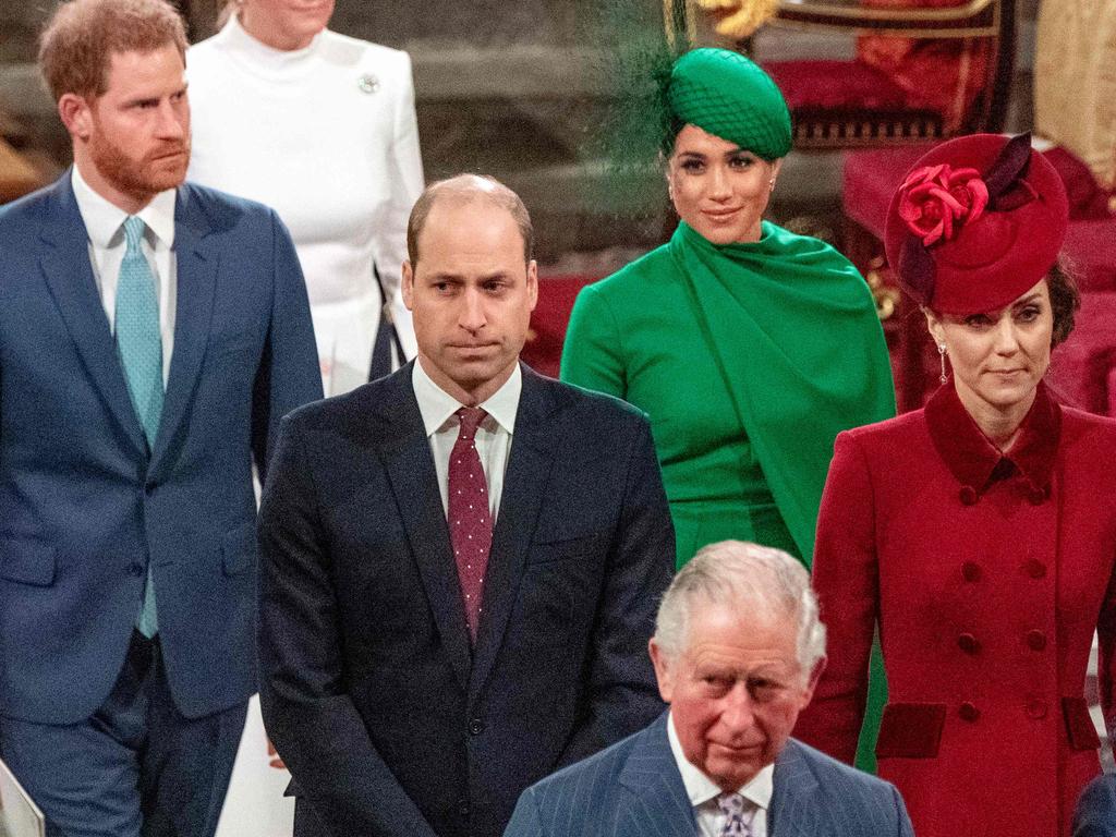 The awkward moment between the Sussexes and the Cambridges during Meghan and Harry’s last royal outing in March 2020. Picture: Phil Harris/AFP