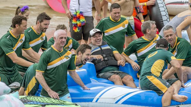 Former Wallaby and spinal injury victim Richard Tombs (middle) took part in the annual Manly Inflatable Boat Race at Shelly Beach at Manly on Sunday, 23 February, 2020. Picture: Troy Snook