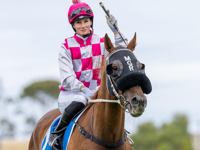 Taylor Johnstone after winning aboard Arugamama at Morphettville in December. Picture: Makoto Kaneko