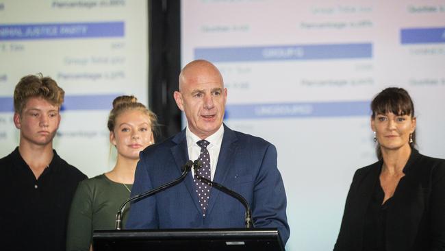 Premier Peter Gutwein gives his speech in the Tally room, Hotel Grand Chancellor. 2021 Tasmanian State Election. Picture: Richard Jupe