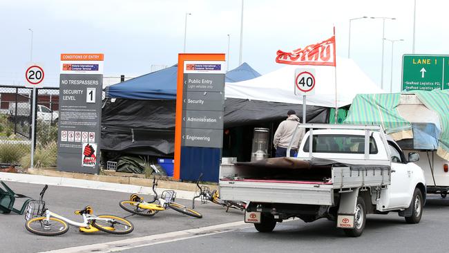 oBikes used in the blockade at Webb Dock. Picture: Michael Klein