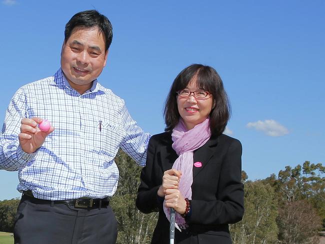 Pink Hope Charity Golf Day at Terrey Hills golf Club. Local business nature's way will be donating to the pink hope charity. L-R: Krystal Barter (Founder of Pink Hope), Larry Chen ( Chairman of Taiwanese Chamber of Commerce), Alex Wu ( Nature's Care MD), Jina Chen ( Co-Founder and MD natures care).