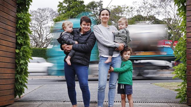 Helen Valenzuela, her daughter Tasha Sebastian and grandchildren (from left) Sebastian, Patrick and Harvey, worry about trucks on Pennant Hills Rd. Picture: Sam Ruttyn