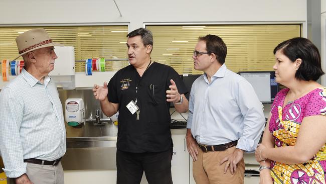 Director of Emergency Medicine Dr Dider Palmer talks with MP Warren Snowdon, MP Luke Gosling and Minister for Health Natasha Fyles during the grand opening of Palmerston Regional Hospital on Monday, August 27,2018 Picture: Keri Megelus