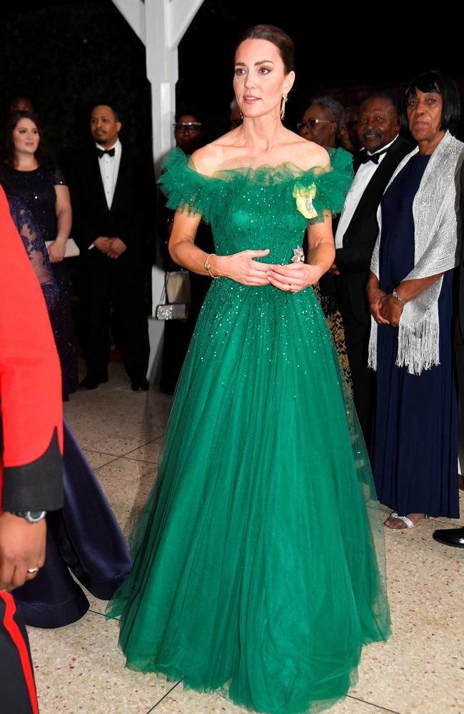Kate Middleton in Glittering Green Gown & Queen's Jewels for Jamaica  Reception