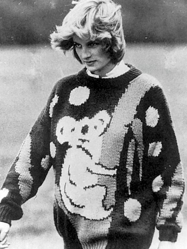 A pregnant Princess Diana wearing a Jenny Kee-designed koala jumper at the polo in Windsor in 1982.