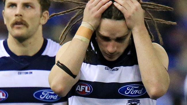 2019 AFL Round 16 - Western Bulldogs V Geelong at Marvel Stadium. Gryan Miers of the Cats drops his head after the loss. Picture: Mark Stewart