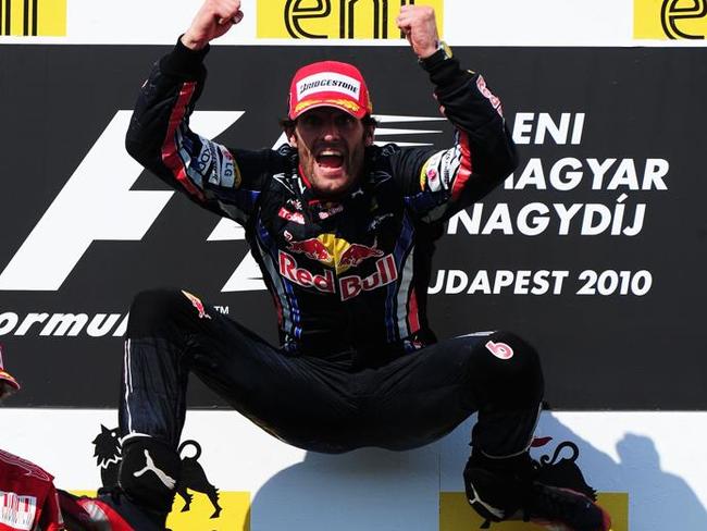 Mark Webber celebrates on the podium after winning the Hungarian Formula One Grand Prix in 2010.  Picture:  Getty