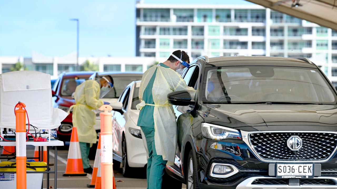 Cars queuing up at the Port Adelaide testing drive through clinic on Mundy Street in Port Adelaide in May 2021.