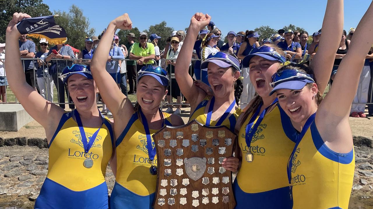 The winning Loreto College Division 1 open crew who won the Head of the Lake. Meg Lynch, Isabella Rossato, Eliza Dodd, Olive Lanyon, Mia McTigue. Picture: Shane Jones.