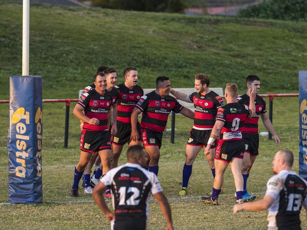 Valleys celebrate a Eugene Seddon try against Oakey in TRL A grade round 10 rugby league at Herb Steinohrt Oval, Sunday, June 20, 2021. Picture: Kevin Farmer