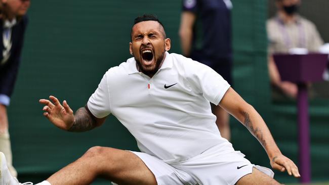 LONDON, ENGLAND – JUNE 30: Nick Kyrgios of Australia reacts as he slips over in his Men's Singles First Round match against Ugo Humbert of France during Day Three of The Championships – Wimbledon 2021 at All England Lawn Tennis and Croquet Club on June 30, 2021 in London, England. (Photo by Clive Brunskill/Getty Images) *** BESTPIX ***