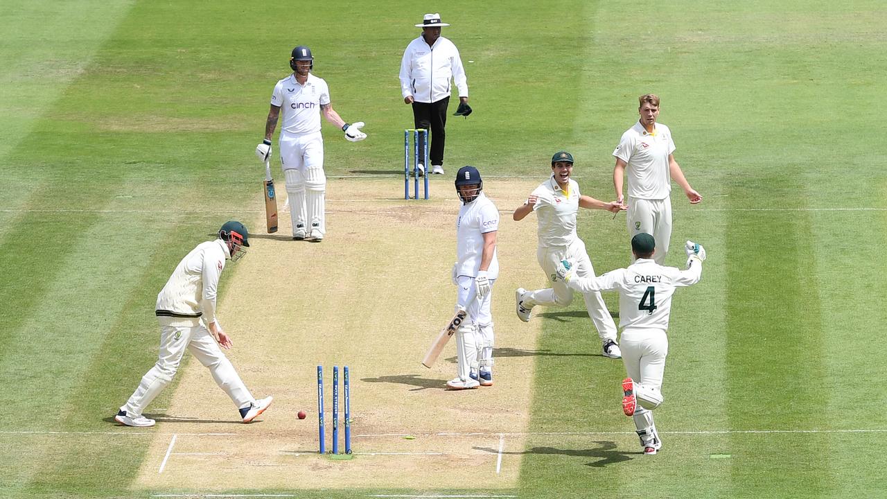 Jonny Bairstow of England is run out by Alex Carey in controversial fashion during the Ashes. (Photo by Gareth Copley/Getty Images)