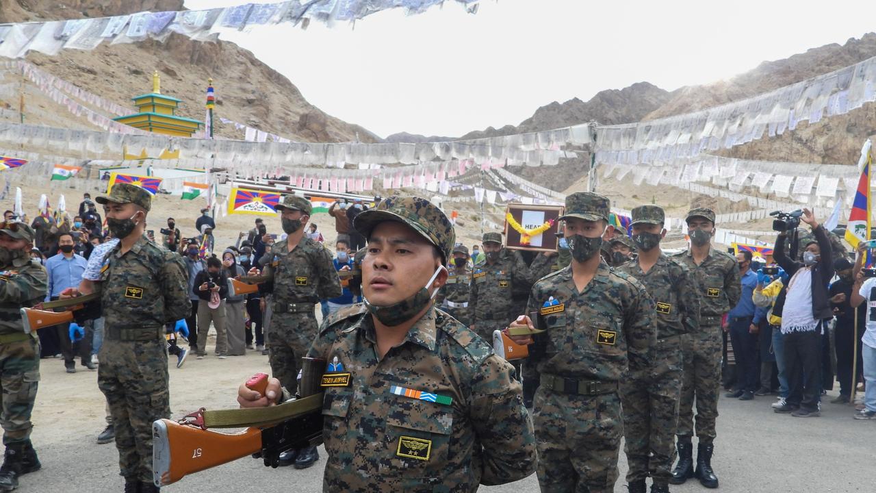 The funeral of India’s special forces soldier Nyima Tenzin who was killed in the latest border showdown with Chinese troops on their contested Himalayan border. Picture: Mohd Arhaan Archer/AFP