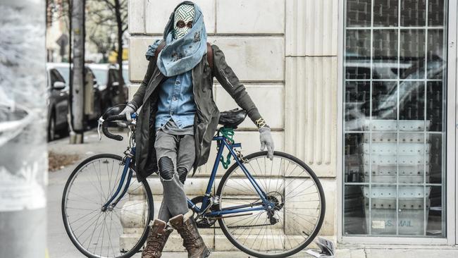 A person wears a DIY mask in the Bushwick neighbourhood in New York City.