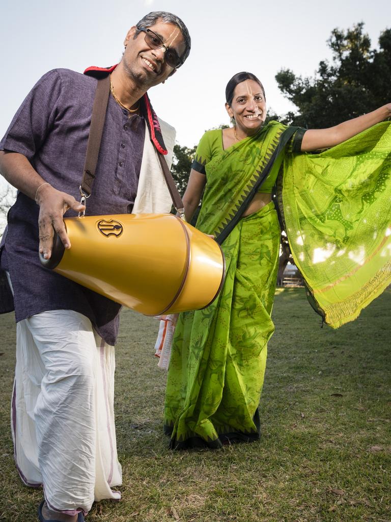 Medhavi Das and Jayshree Dasi get tuned in for next week's Hare Krishna Toowoomba Festival of Chariots, Saturday, July 15, 2023. Picture: Kevin Farmer