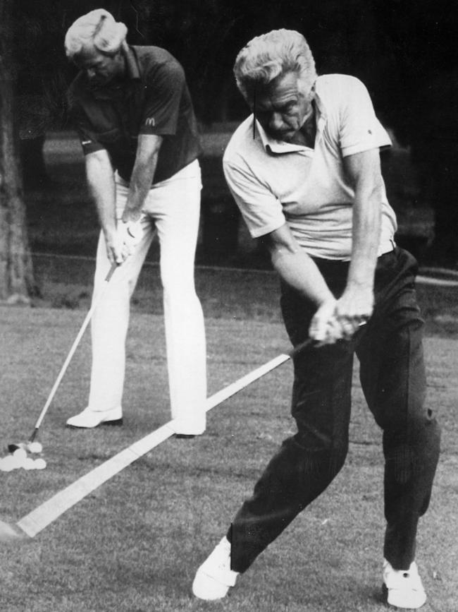 Prime Minister Bob Hawke and Greg Norman at the Royal Canberra Golf Club for the Pro-Am in 1988 Picture: Porritt