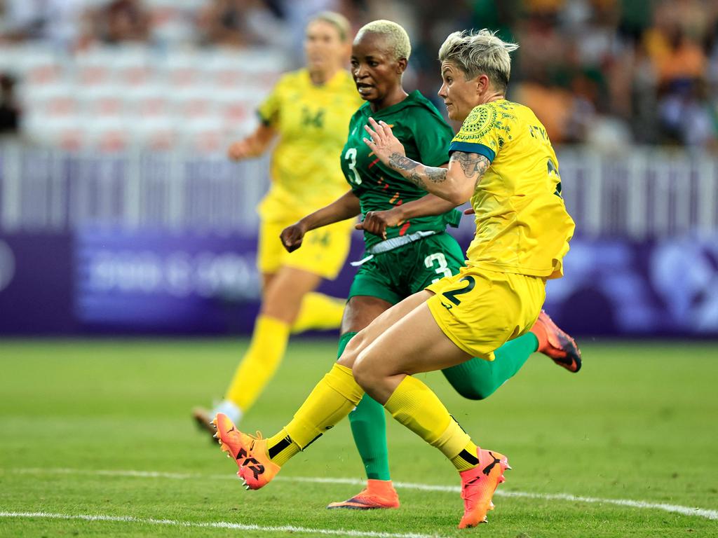 Australia's forward #02 Michelle Heyman shoots to score the Matildas’ sixth goal in the women's group B football match against Zambia to keep the team’s Olympic campaign alive. Valery Hache/AFP