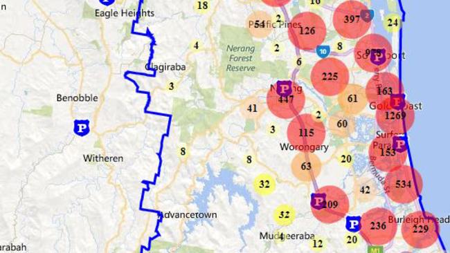 Queensland Police Service Crime Map showing drug hot spots on the Gold Coast for the 12 months to December 2017.