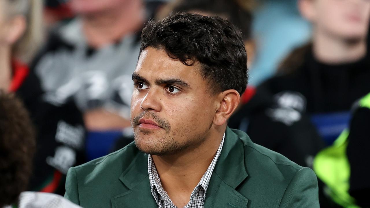 SYDNEY, AUSTRALIA - APRIL 13: Latrell Mitchell of the Rabbitohs looks on during the round six NRL match between South Sydney Rabbitohs and Cronulla Sharks at Accor Stadium, on April 13, 2024, in Sydney, Australia. (Photo by Brendon Thorne/Getty Images)