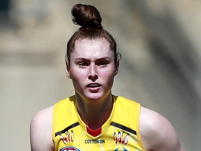 MELBOURNE, AUSTRALIA - FEBRUARY 06: Sarah Allan of the Crows looks on during the 2022 AFLW Round 05 match between the Carlton Blues and the Adelaide Crows at Ikon Park on February 6, 2022 in Melbourne, Australia. (Photo by Dylan Burns/AFL Photos via Getty Images)