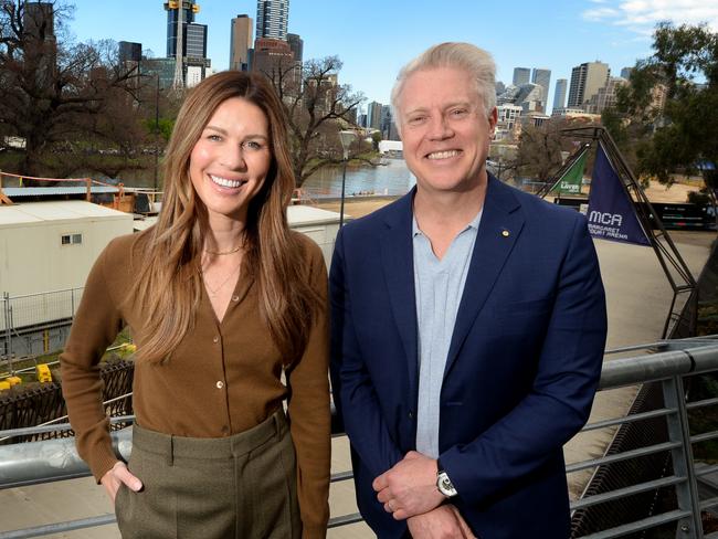 Candidate for Lord Mayor of Melbourne Arron Wood AM and Deputy Lord Mayoral candidate Erin Deering in Birrarung Marr to announce a new gardens policy. Picture: Andrew Henshaw