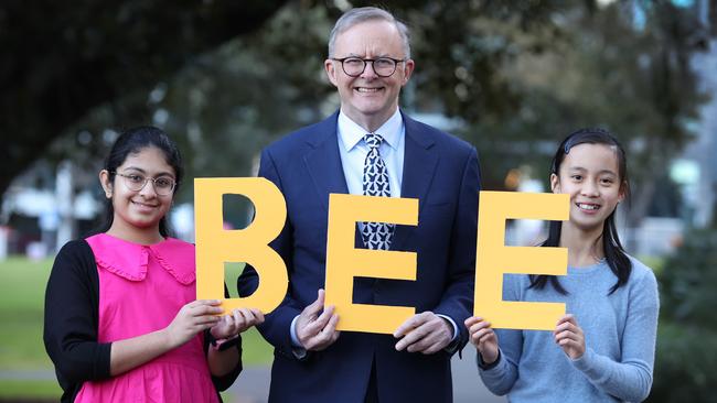 Anthony Albanese with last years Prime Minister's Spelling Bee winners Theekshitha Karthik, 12, and Arielle Wong, 11, to launch this year's competition.                     Picture: David Caird