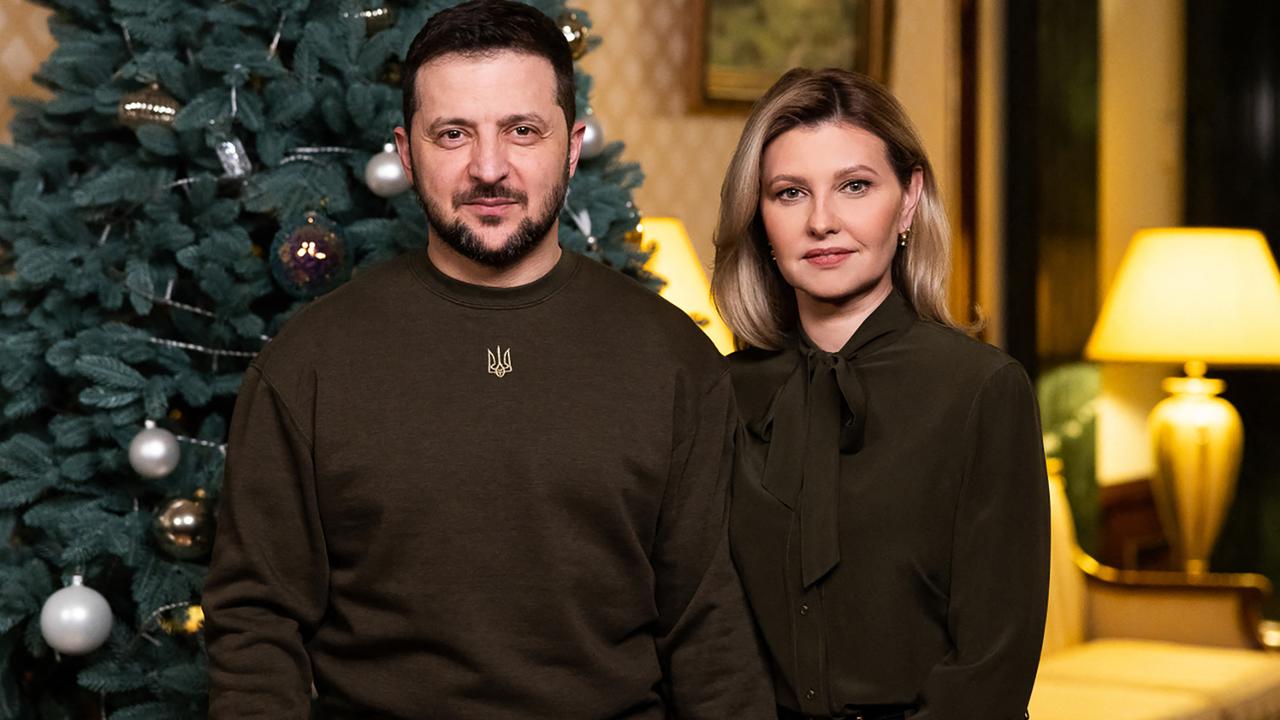 President Volodymyr Zelensky and his wife Olena during their New Year's address to Ukrainian people. Picture: AFP