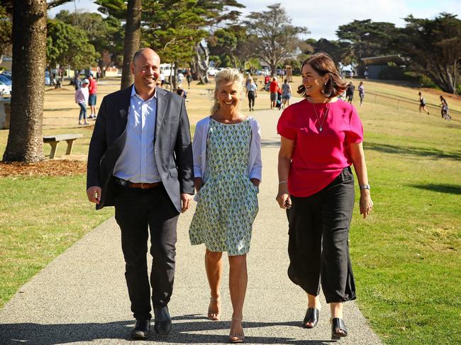 Josh Frydenberg in Torquay with candidate for Corangamite Stephanie Asher and Senator Sarah Henderson. Picture: Alison Wynd