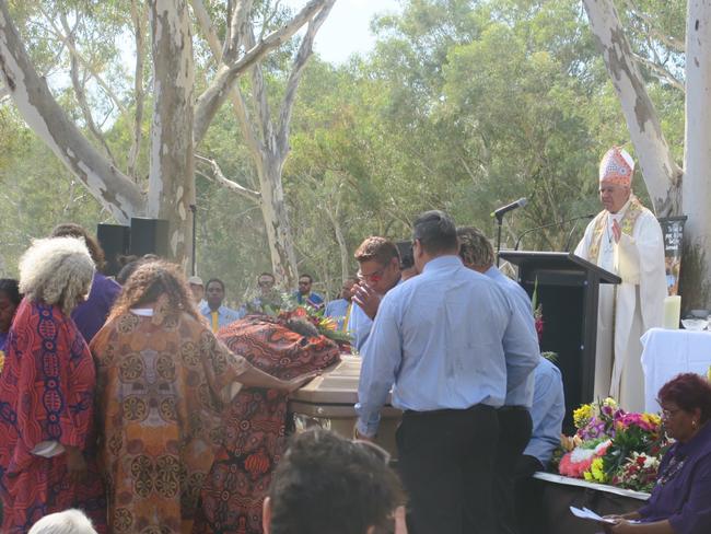 Bishop Charles Gauci speaks at the funeral of Dr MK Turner OAM in Alice Springs on Thursday. Picture: Laura Hooper.