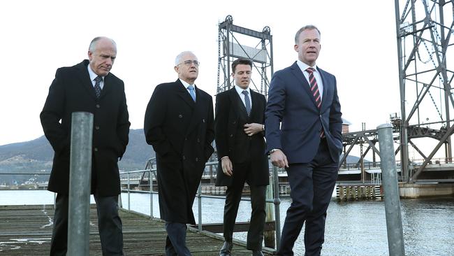 From left, Senator Eric Abetz, former prime minister Malcolm Turnbull, Senator Jonathon Duniam and Premier Will Hodgman at the Bridgewater Bridge. Picture: SAM ROSEWARNE