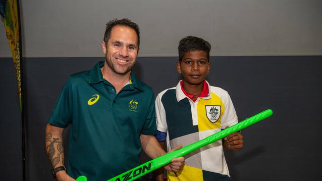 Brad Hore and Dre Kenny Jackson as Olympians and scholarship coaches run training sessions for Katherine youth at RAAF Base Tindal. Picture: Pema Tamang Pakhrin