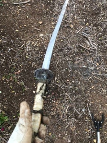 Tea Tree Gully councillor Brett Rankine found the samurai sword in Golden Grove on Thursday. Picture: Brett Rankine