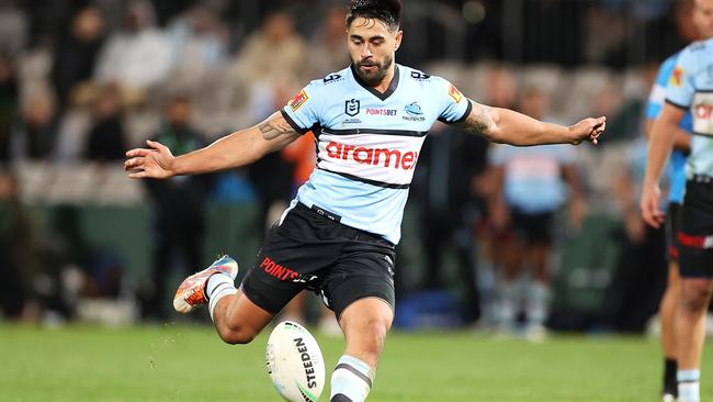 Shaun Johnson kicked the winning field goal for the Sharks against Penrith on Friday night. Picture: Getty Images