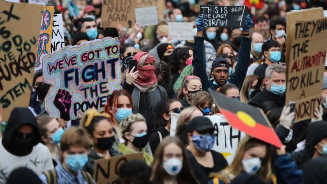 Protesters packed the streets in Melbourne’s CBD despite lockdown restrictions. Picture: Alex Coppel