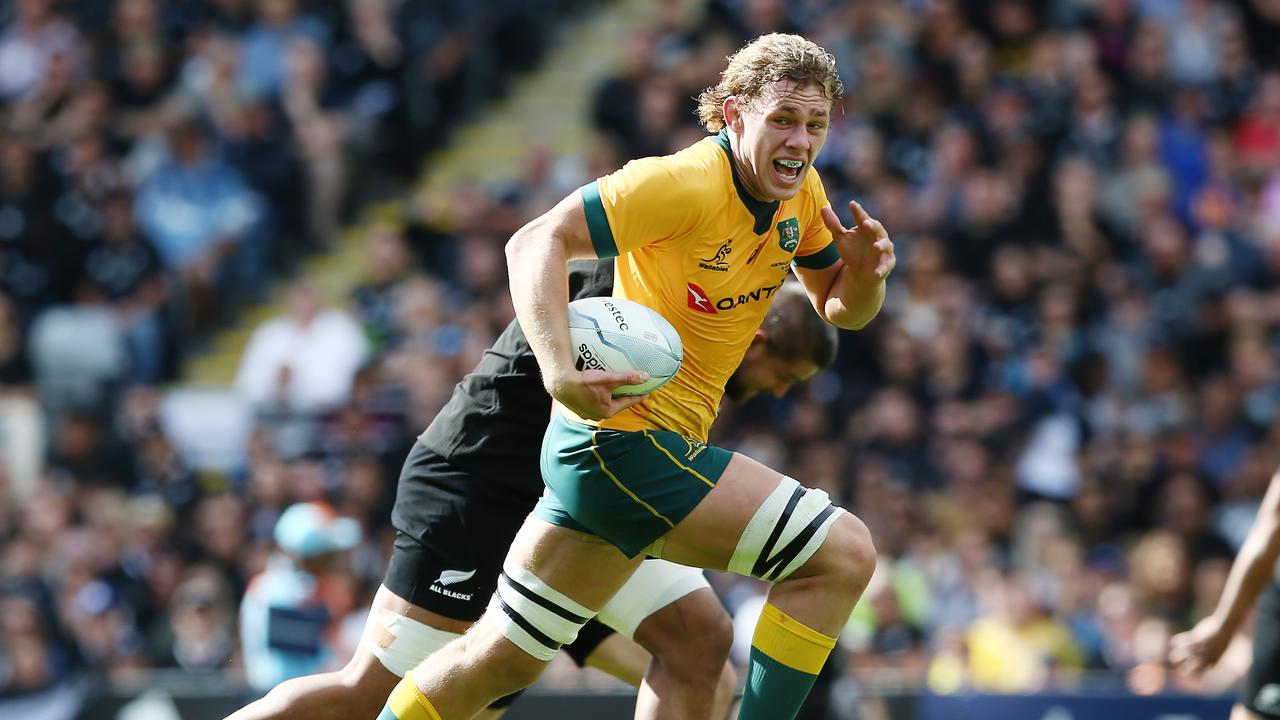 Ned Hanigan of the Wallabies makes a break during Bledisloe II at Eden Park.