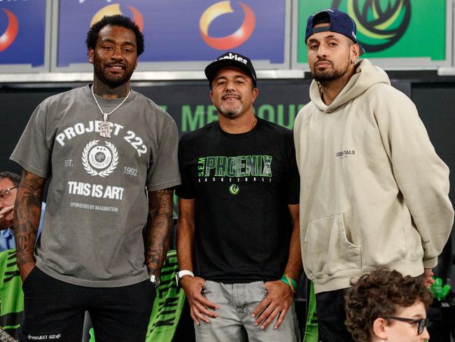 South East Melbourne Phoenix owner Romie Chaudhari (centre) with former NBA point guard John Wall and Australian tennis star Nick Kyrgios, both of whom are minority Phoenix owners. Credit: Phoenix Media