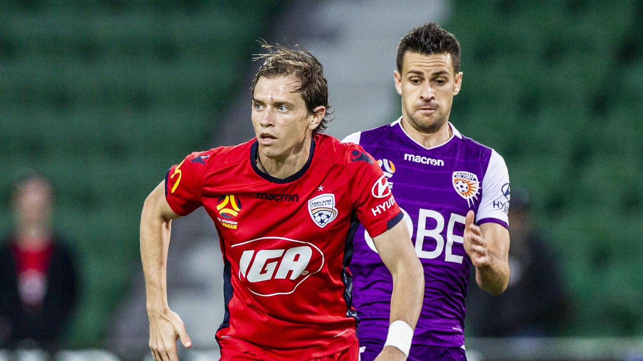 United’s Craig Goodwin and Glory’s Joel Chianese during the Round 15 A-League match at HBF Park in Perth. Picture:Tony McDonough/AAP