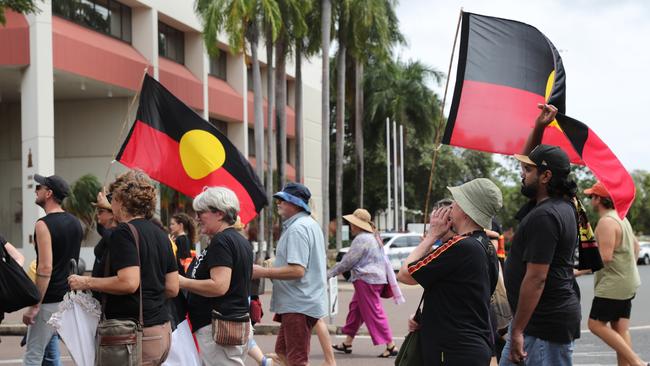 Hundreds of Territorians demonstrated on Invasion Day 2024 by marching from Civic Park through Darwin city on Friday, January 26. Picture: Zizi Averill