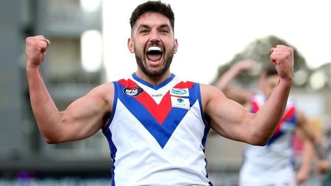 Ozgur Uysal of West Preston-Lakeside celebrates a goal during NFL grand final: Greensborough v West Preston-Lakeside on Saturday, September 21, 2019, in Preston, Victoria, Australia. Picture: Hamish Blair