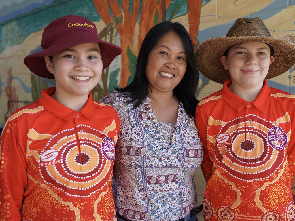 Coppabella State School teacher aide Marylou Newman with daughter and Year 6 student Addalyne Newman and fellow Year 6 student Jacob Cantrill at the 40th birthday celebrations of the Isaac region school. Picture: Heidi Petith