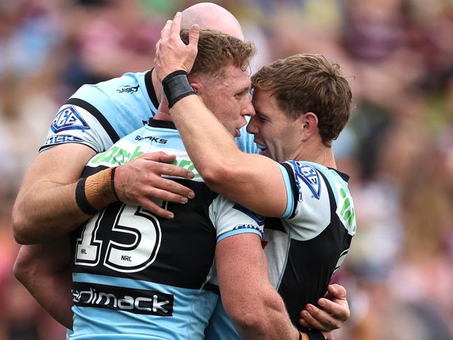 Jack Williams of the Sharks celebrates after scoring a try. Picture: Getty Images