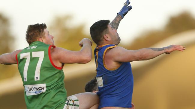 Football SEFNL: Cranbourne v Tooradin-Dalmore. Cranbourne full-forward Marc Holt (the big man) needs 8 goals to reach 1000 career goals. He made it 999. Picture: Valeriu Campan