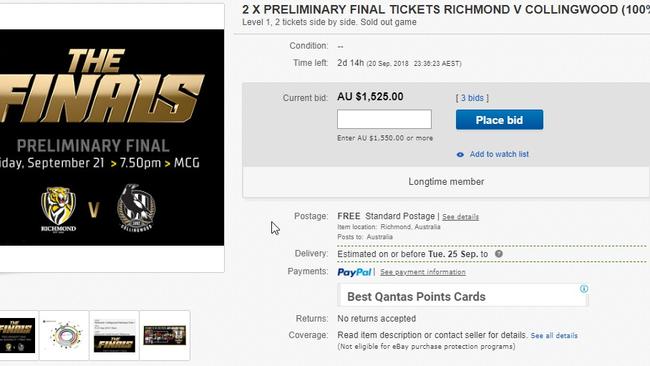 Richmond Collingwood preliminary final tickets advertised on eBay