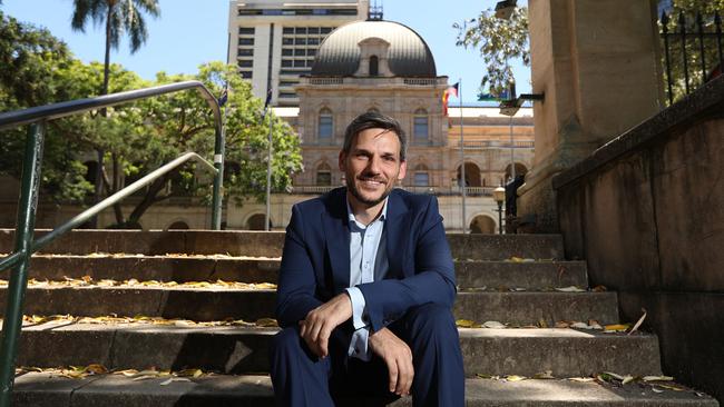 6/12/2017: The Greens first ever elected MP in Queensland parliament , Michael Berkman, outside the QLD Parliament in Brisbane. Berkman will officially declare victory in the leafy LNP-held seat of Maiwar, in leafy inner-Brisbane, after the party's most successful QLD campaign ever. Lyndon Mechielsen/The Australian